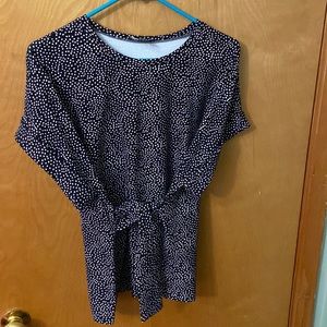 Express tie front shirt. Black with white dots, ties around the waist.